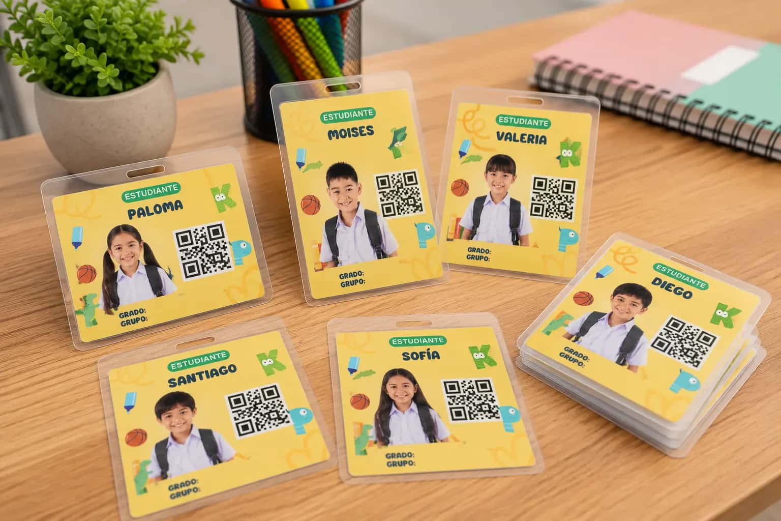 Gafetes con codigo QR de alumnos sobre un escritorio
