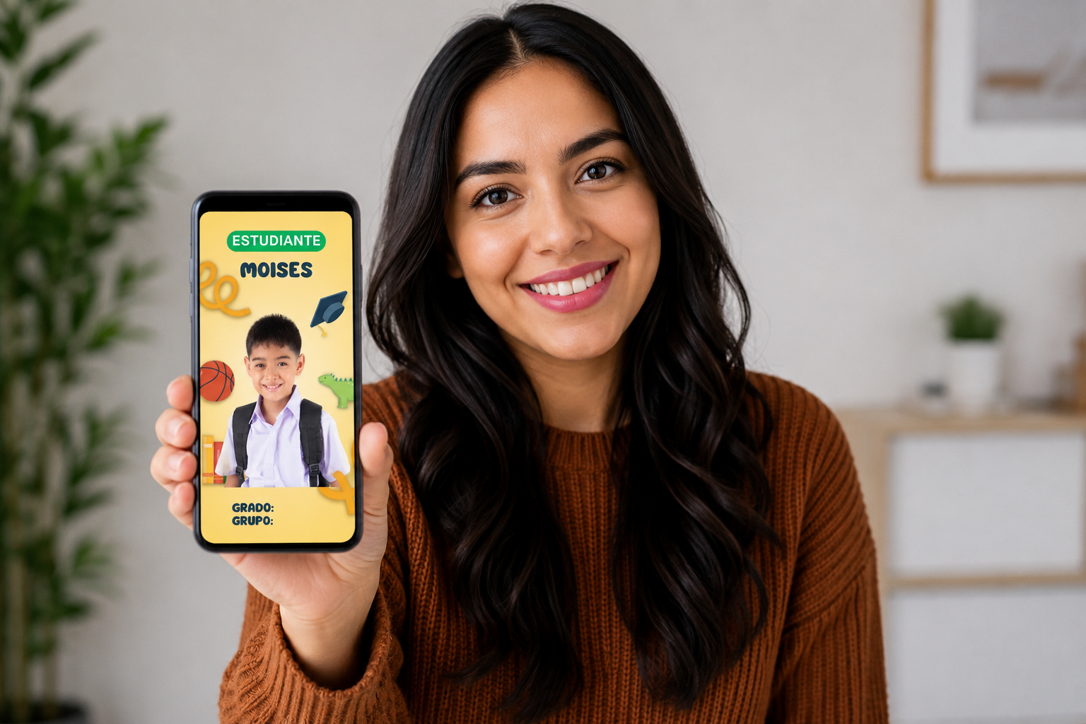 Maestra mostrando gafete QR de alumno en su celular