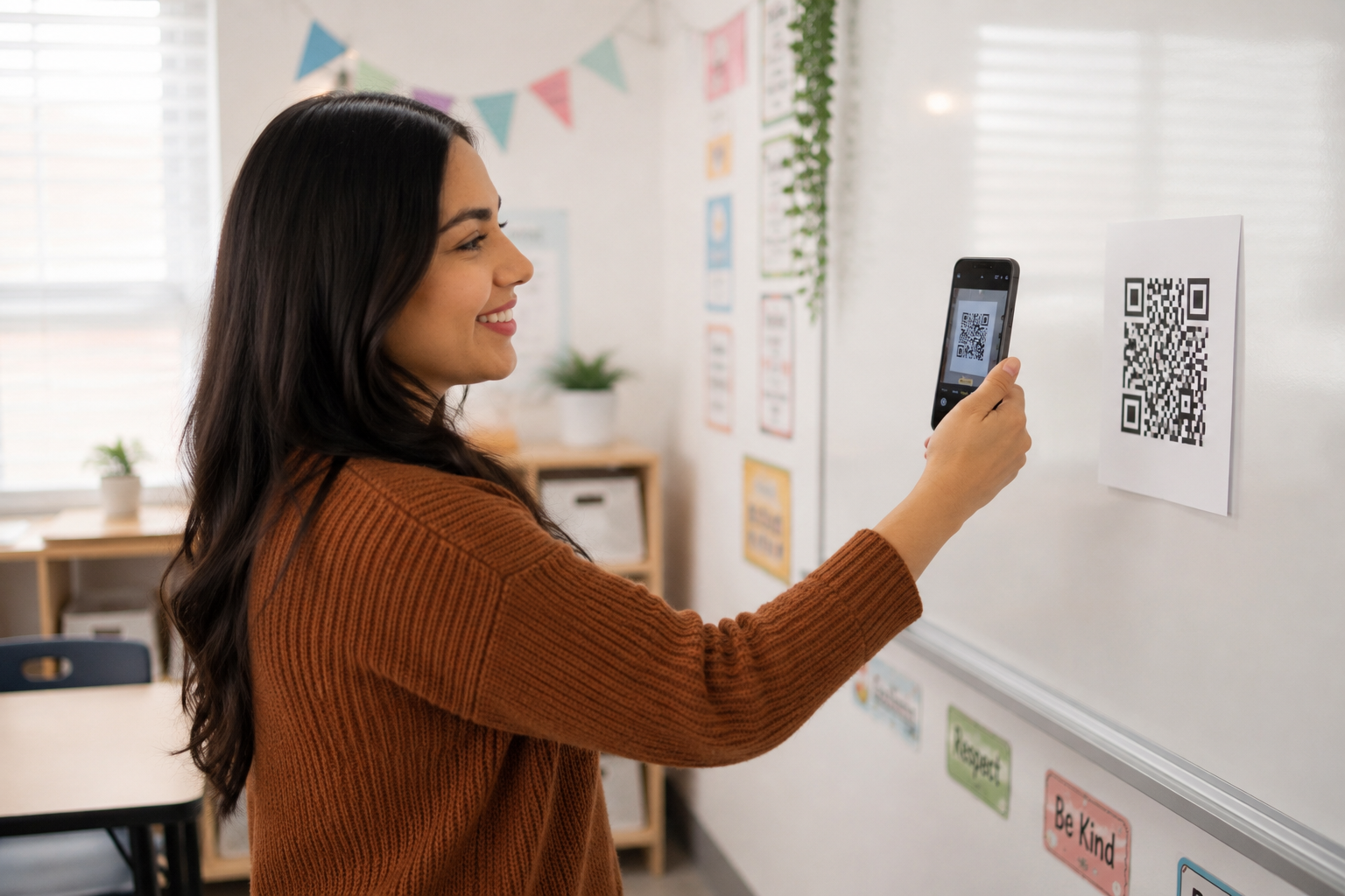 Maestra escaneando QR con su celular